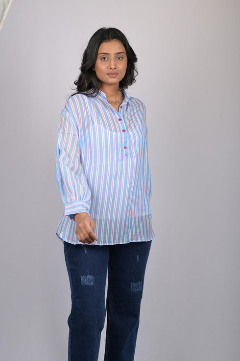 Chiffon top for women western wear stylish top trending Light Blue Striped Top With Long Sleeves (OTL-TPS1080)